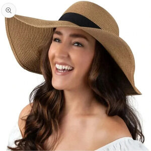 NEW DEBRA WEITZMAN WIDE BRIM FLOPPY HAT IN KHAKI/BLACK SIZE MEDIUM